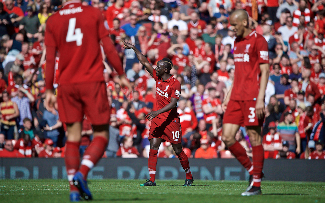 LIVERPOOL, ENGLAND - Sunday, May 12, 2019: Liverpool's Sadio Mane celebrates scoring the second goal during the final FA Premier League match of the season between Liverpool FC and Wolverhampton Wanderers FC at Anfield. (Pic by David Rawcliffe/Propaganda)