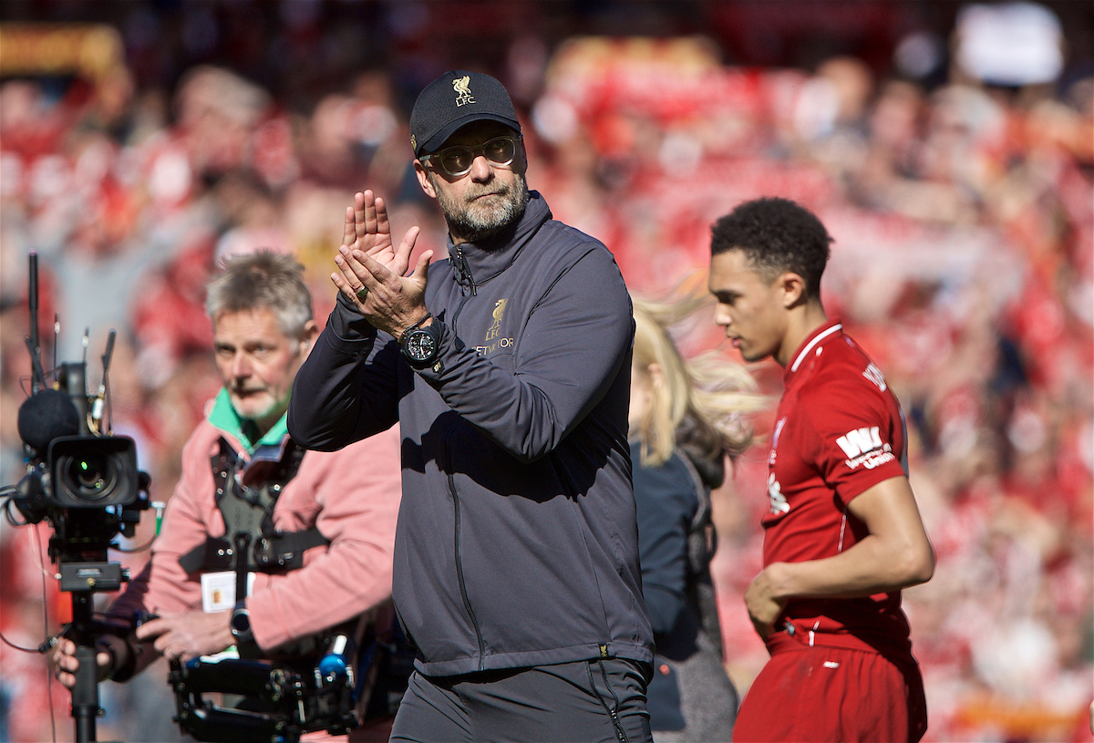 LIVERPOOL, ENGLAND - Sunday, May 12, 2019: Liverpool's manager Jürgen Klopp applaus the supporters after the final FA Premier League match of the season between Liverpool FC and Wolverhampton Wanderers FC at Anfield. (Pic by David Rawcliffe/Propaganda)