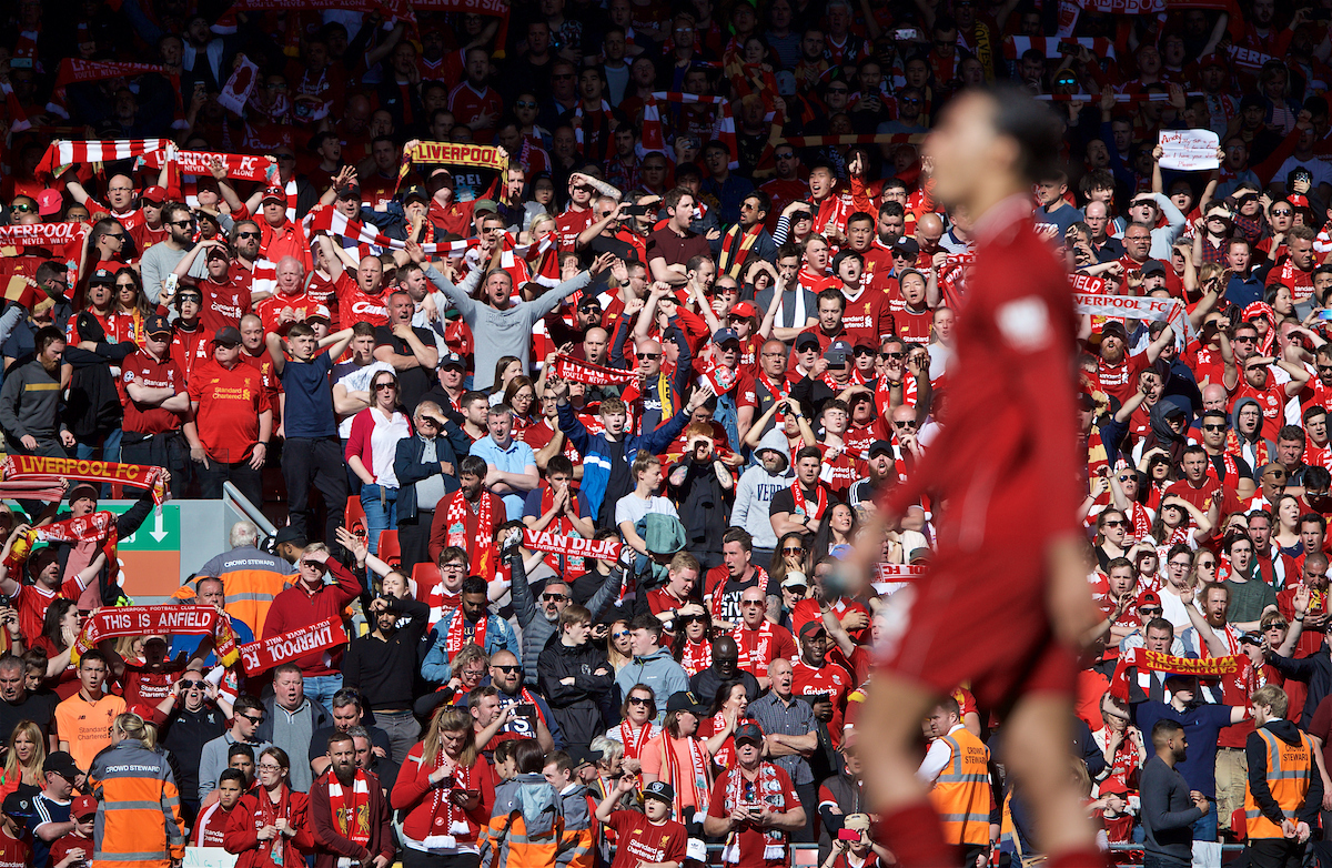 LIVERPOOL, ENGLAND - Sunday, May 12, 2019: Liverpool supporters celebrate 2-0 victory over Wolverhampton Wanderers after the final FA Premier League match of the season between Liverpool FC and Wolverhampton Wanderers FC at Anfield. (Pic by David Rawcliffe/Propaganda)