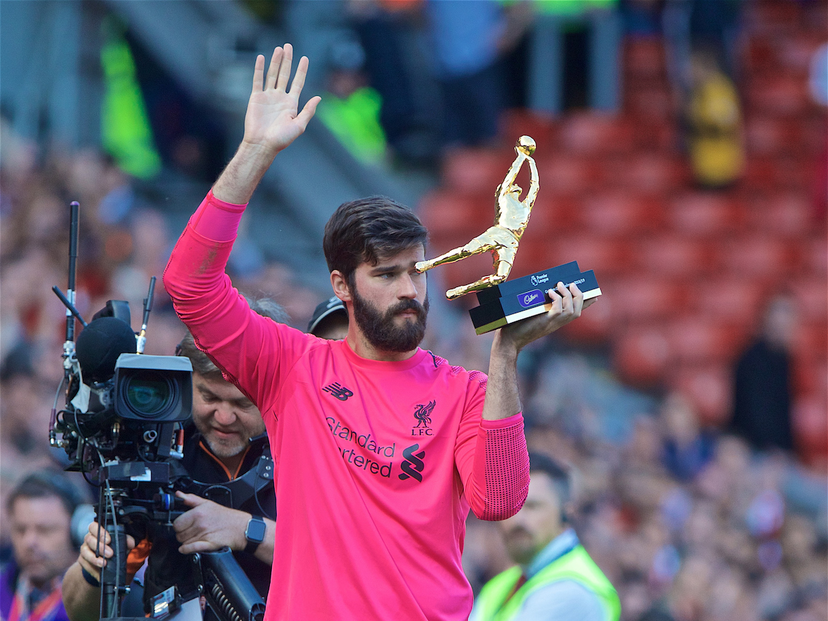 LIVERPOOL, ENGLAND - Sunday, May 12, 2019: Liverpool's goalkeeper Alisson Becker with the golden glove award for the most clean sheets after the final FA Premier League match of the season between Liverpool FC and Wolverhampton Wanderers FC at Anfield. (Pic by David Rawcliffe/Propaganda)