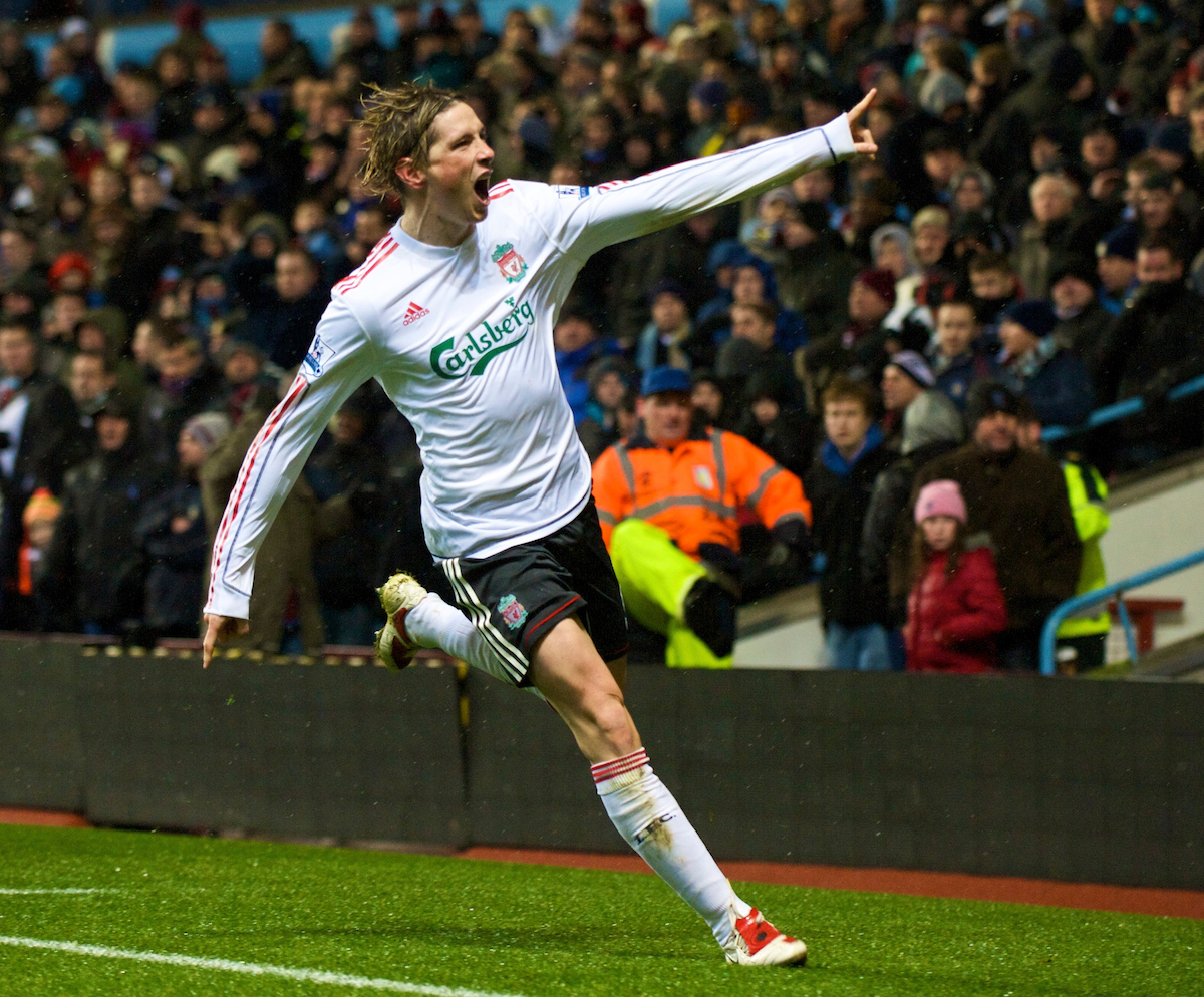 BIRMINGHAM, ENGLAND - Tuesday, December 29, 2009: Liverpool's Fernando Torres celebrates scoring his 50th goal for the club, in record time, during the Premiership match against Aston Villa at Villa Park. (Photo by: David Rawcliffe/Propaganda)