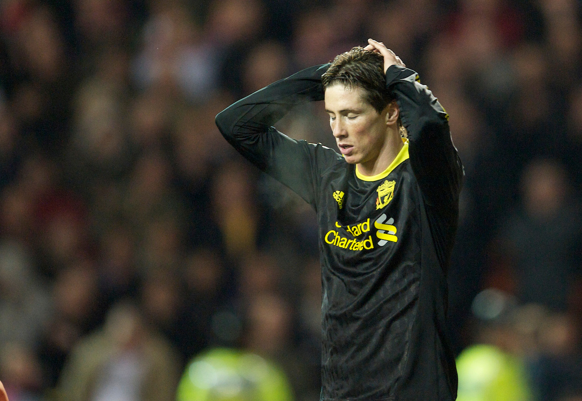 BLACKPOOL, ENGLAND - Wednesday, January 12, 2011: Liverpool's Fernando Torres rues a missed chance against Blackpool during the Premiership match at Bloomfield Road. (Photo by David Rawcliffe/Propaganda)