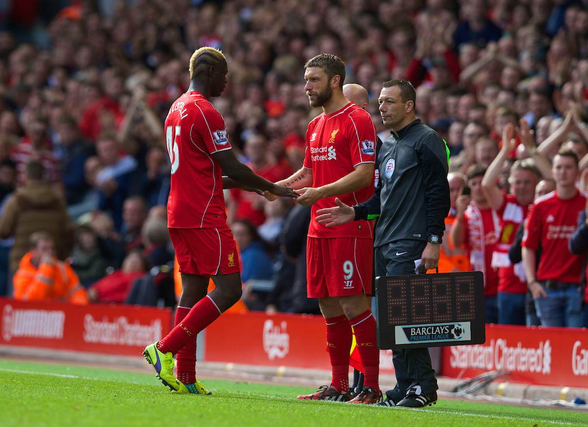 LIVERPOOL, ENGLAND - Saturday, September 27, 2014: Liverpool's Mario Balotelli is substituted for Rickie Lambert against Everton during the Premier League match at Anfield. (Pic by David Rawcliffe/Propaganda)