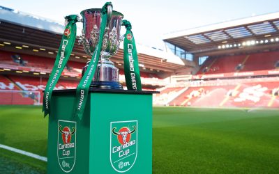The Football League Cup trophy, with Carabao branding, on display before the Football League Cup 3rd Round match between Liverpool FC and Chelsea FC at Anfield