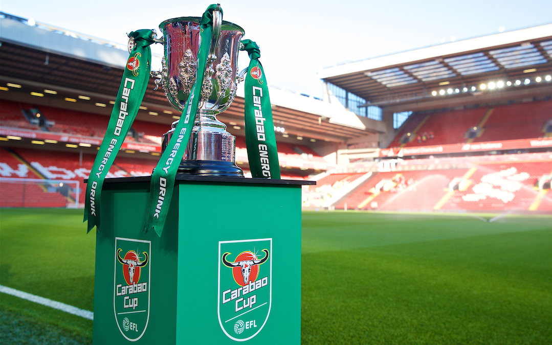 LIVERPOOL, ENGLAND - Wednesday, September 26, 2018: The Football League Cup trophy, with Carabao branding, on display before the Football League Cup 3rd Round match between Liverpool FC and Chelsea FC at Anfield. (Pic by David Rawcliffe/Propaganda)