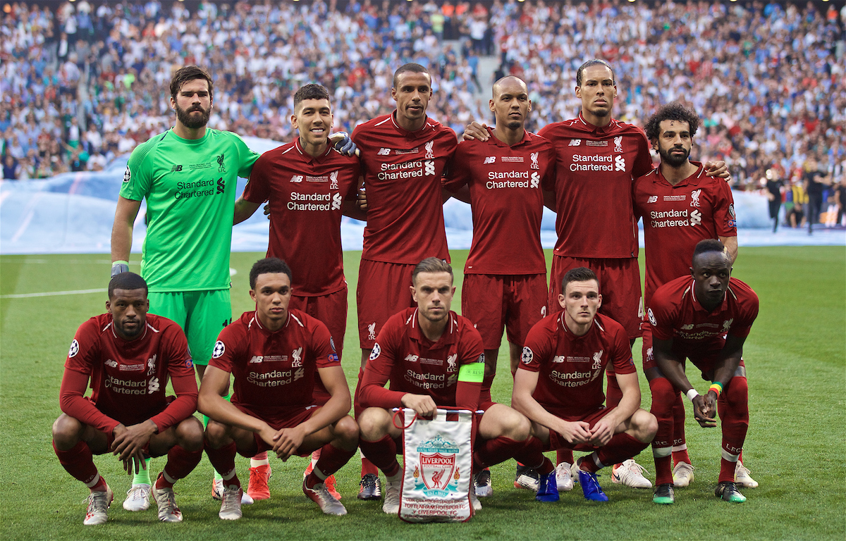 MADRID, SPAIN - SATURDAY, JUNE 1, 2019: Liverpool's players line-up for a team group photograph before the UEFA Champions League Final match between Tottenham Hotspur FC and Liverpool FC at the Estadio Metropolitano. Back row L-R: goalkeeper Alisson Becker, Roberto Firmino, Joel Matip, Fabio Henrique Tavares 'Fabinho', Virgil van Dijk, Mohamed Salah. Front row L-R: Georginio Wijnaldum, Trent Alexander-Arnold, captain Jordan Henderson, Andy Robertson, Sadio Mane. (Pic by David Rawcliffe/Propaganda)