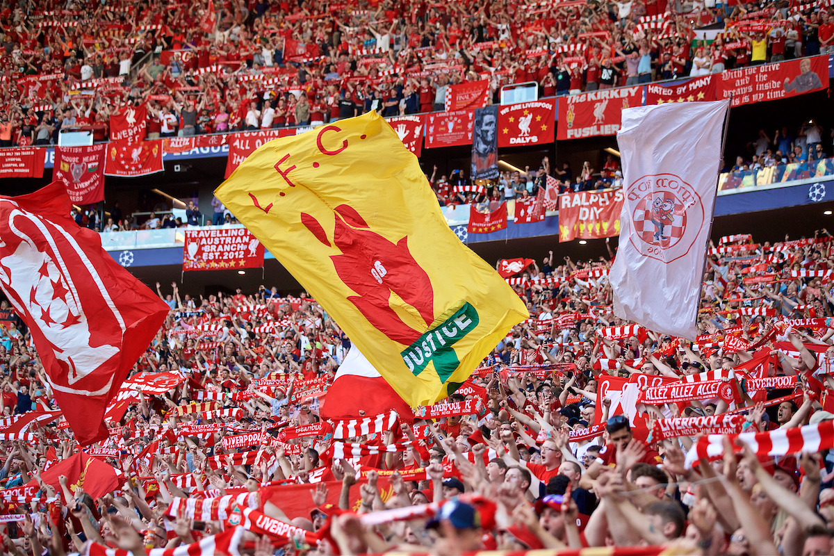 MADRID, SPAIN - SATURDAY, JUNE 1, 2019: Liverpool supporters before the UEFA Champions League Final match between Tottenham Hotspur FC and Liverpool FC at the Estadio Metropolitano. (Pic by David Rawcliffe/Propaganda)