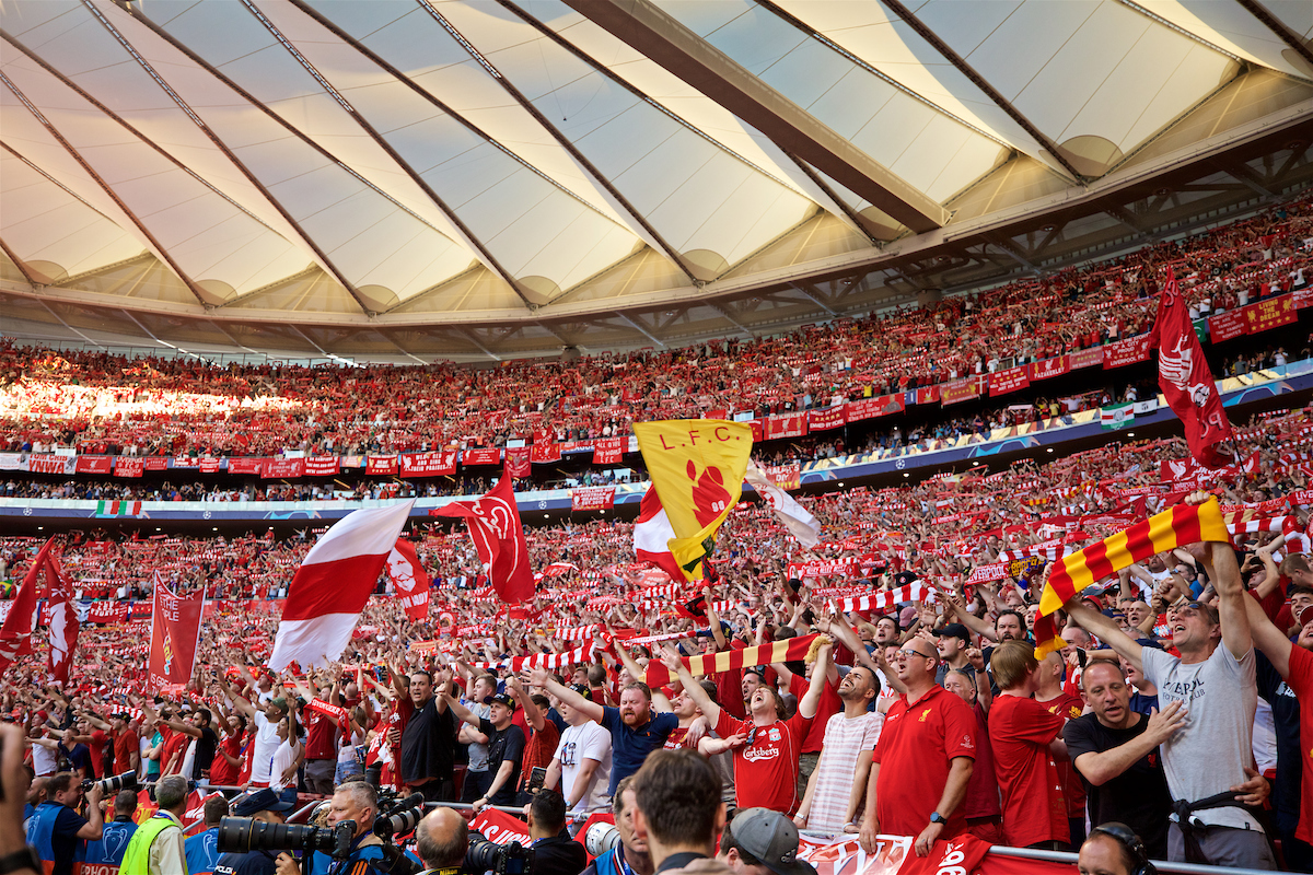 MADRID, SPAIN - SATURDAY, JUNE 1, 2019: Liverpool supporters before the UEFA Champions League Final match between Tottenham Hotspur FC and Liverpool FC at the Estadio Metropolitano. (Pic by David Rawcliffe/Propaganda)