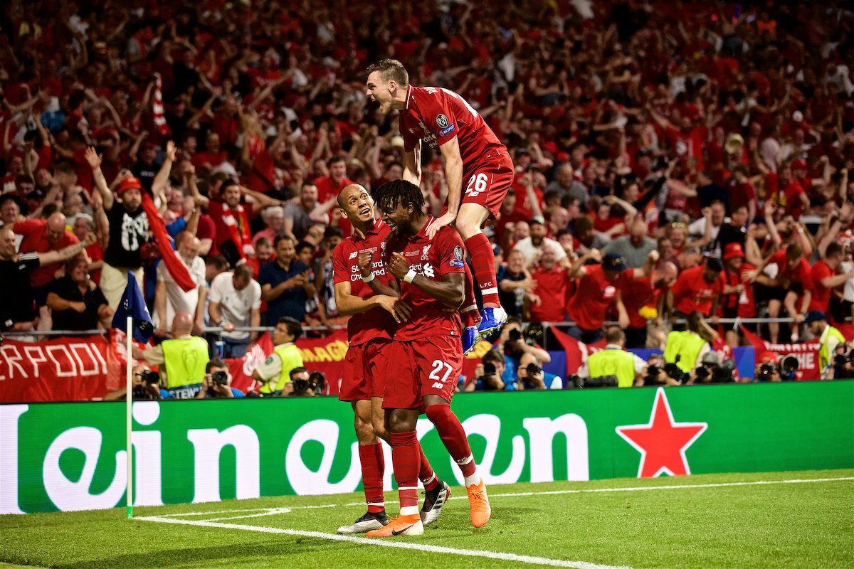 MADRID, SPAIN - SATURDAY, JUNE 1, 2019: Liverpool's Divock Origi celebrates scoring the second goal during the UEFA Champions League Final match between Tottenham Hotspur FC and Liverpool FC at the Estadio Metropolitano. (Pic by David Rawcliffe/Propaganda)