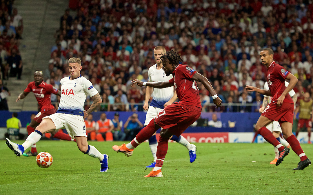 MADRID, SPAIN - SATURDAY, JUNE 1, 2019: Liverpool's Divock Origi scores the second goal during the UEFA Champions League Final match between Tottenham Hotspur FC and Liverpool FC at the Estadio Metropolitano. (Pic by David Rawcliffe/Propaganda)