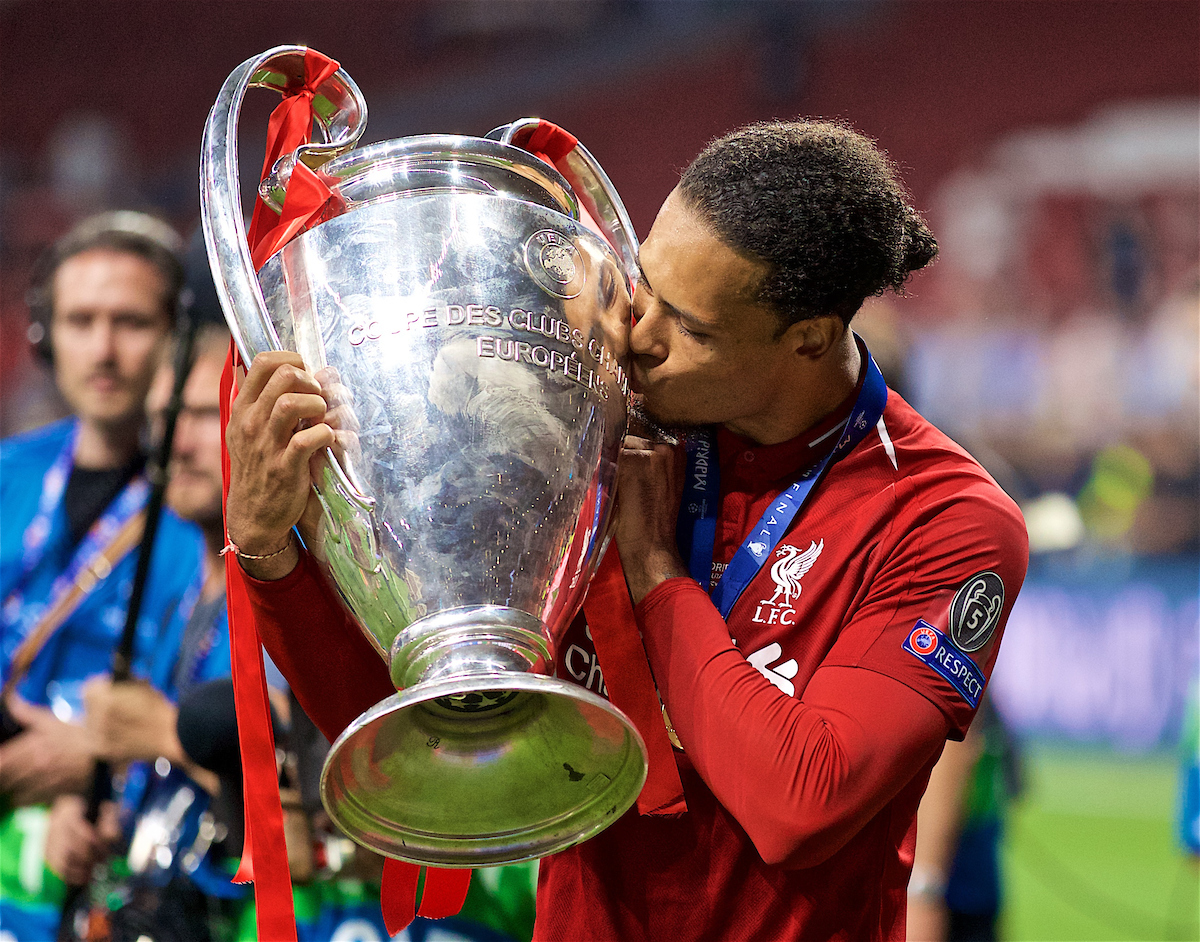 MADRID, SPAIN - SATURDAY, JUNE 1, 2019: Liverpool's Virgil van Dijk kisses the trophy after the UEFA Champions League Final match between Tottenham Hotspur FC and Liverpool FC at the Estadio Metropolitano. Liverpool won 2-0 to win their sixth European Cup. (Pic by David Rawcliffe/Propaganda)