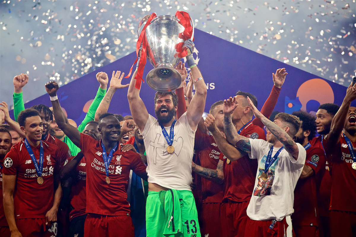 MADRID, SPAIN - SATURDAY, JUNE 1, 2019: Liverpool's goalkeeper Alisson Becker lifts the trophy after the UEFA Champions League Final match between Tottenham Hotspur FC and Liverpool FC at the Estadio Metropolitano. Liverpool won 2-0 to win their sixth European Cup. (Pic by David Rawcliffe/Propaganda)