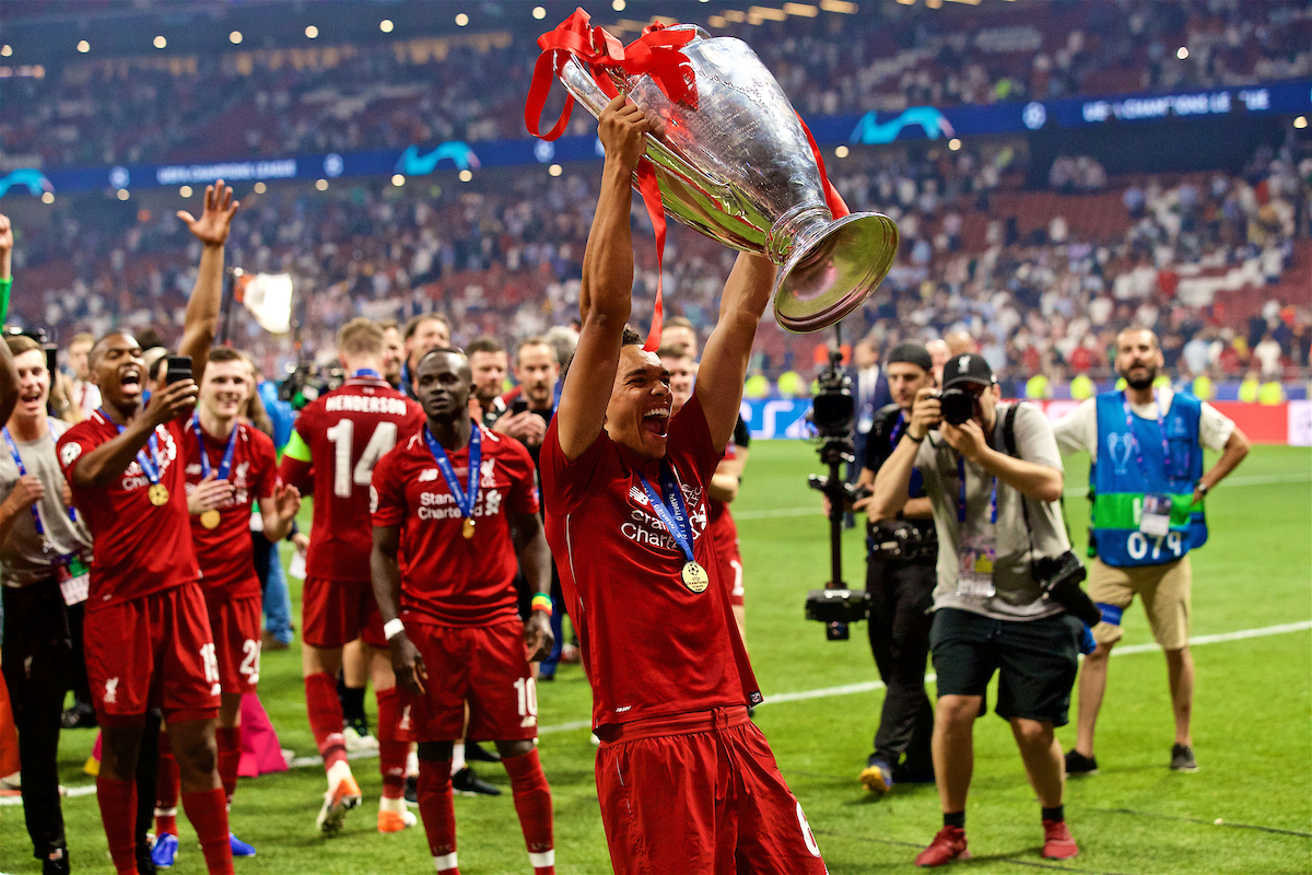 MADRID, SPAIN - SATURDAY, JUNE 1, 2019: Liverpool's Trent Alexander-Arnold lifts the trophy after the UEFA Champions League Final match between Tottenham Hotspur FC and Liverpool FC at the Estadio Metropolitano. Liverpool won 2-0 to win their sixth European Cup. (Pic by David Rawcliffe/Propaganda)