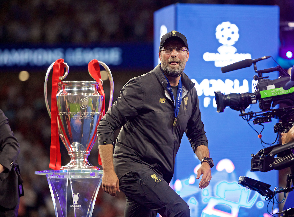 MADRID, SPAIN - SATURDAY, JUNE 1, 2019: Liverpool's manager Jürgen Klopp walks past the trophy after the UEFA Champions League Final match between Tottenham Hotspur FC and Liverpool FC at the Estadio Metropolitano. Liverpool won 2-0 tp win their sixth European Cup. (Pic by David Rawcliffe/Propaganda)