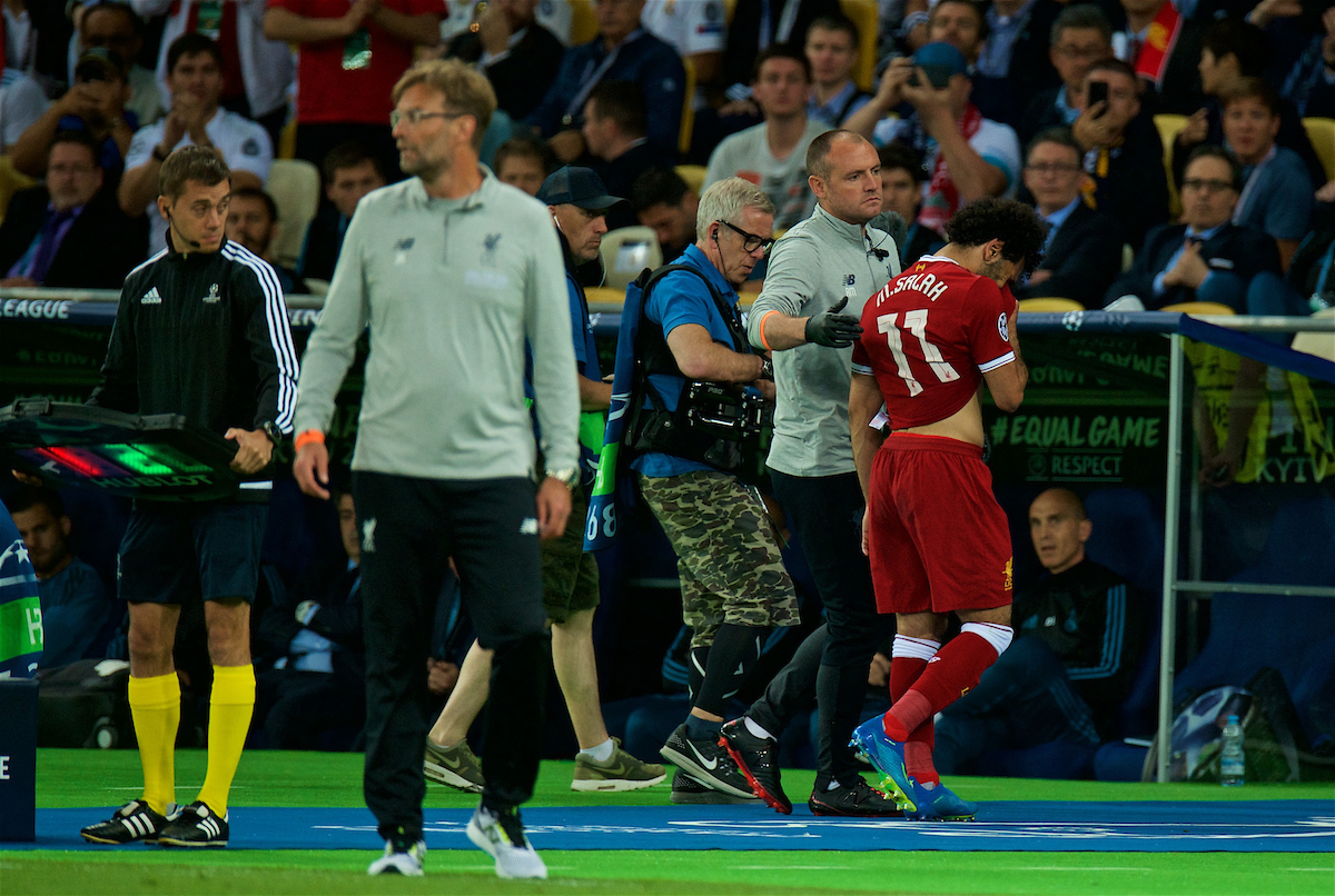 KIEV, UKRAINE - Saturday, May 26, 2018: Liverpool's Mohamed Salah walks off in tears after being substituted with an injury during the UEFA Champions League Final match between Real Madrid CF and Liverpool FC at the NSC Olimpiyskiy. (Pic by Peter Powell/Propaganda)