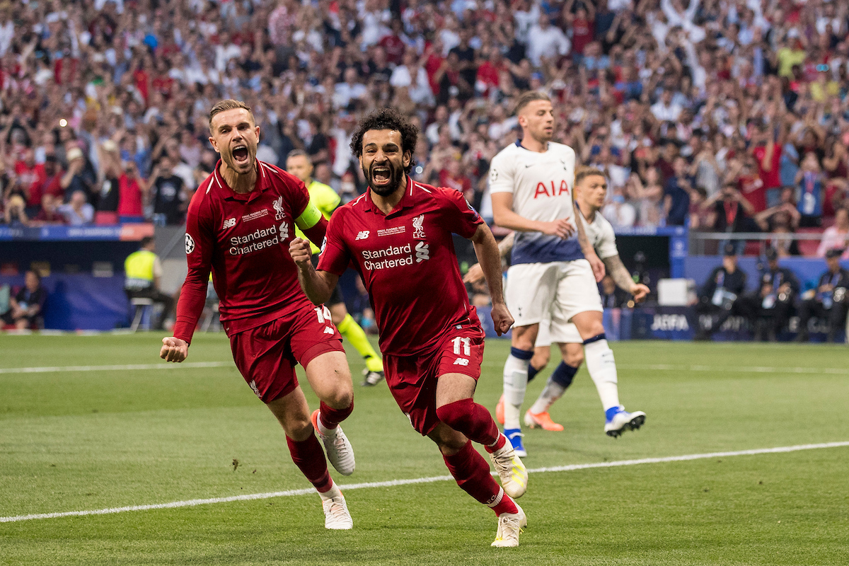 MADRID, SPAIN - SATURDAY, JUNE 1, 2019: Liverpool's Mohamed Salah celebrates scoring his sides first goal from the penalty spot to make the score 0-1 during the UEFA Champions League Final match between Tottenham Hotspur FC and Liverpool FC at the Estadio Metropolitano. (Pic by Paul Greenwood/Propaganda)
