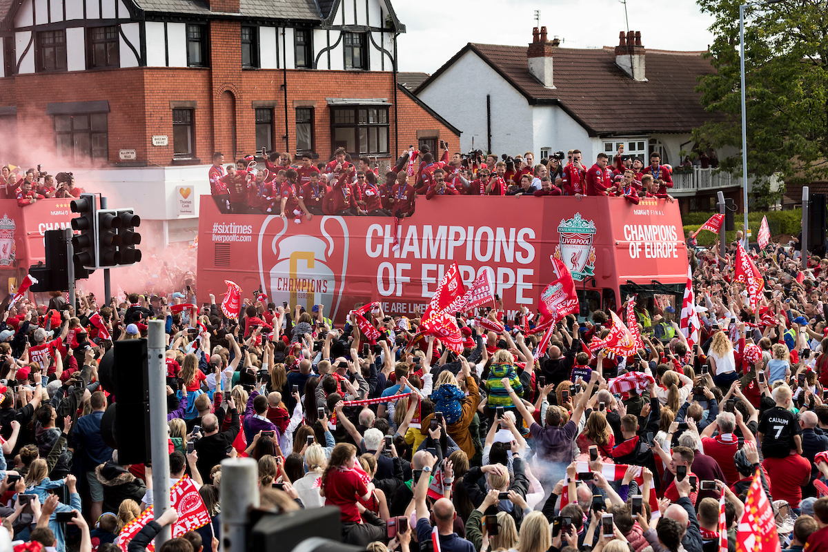 LIVERPOOL, ENGLAND - Sunday, June 2, 2019: Liverpool’s players during an open-top bus parade through the city after winning the UEFA Champions League Final. Liverpool beat Tottenham Hotspur. 2-0 in Madrid. To claim their sixth European Cup. (Pic by Paul Greenwood/Propaganda)