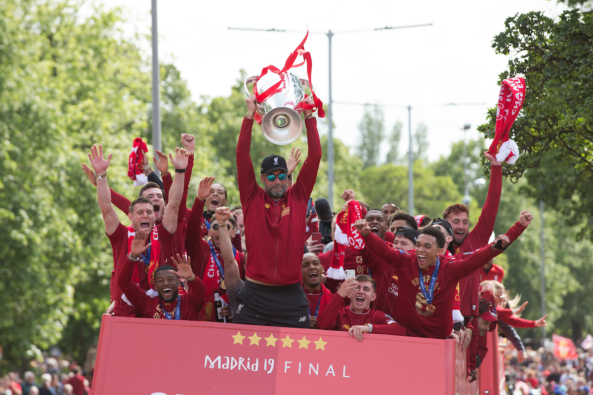 LIVERPOOL, ENGLAND - Sunday, June 2, 2019: Liverpool’s manager Jürgen Klopp lifts the trophy during an open-top bus parade through the city after winning the UEFA Champions League Final. Liverpool beat Tottenham Hotspur. 2-0 in Madrid. To claim their sixth European Cup. (Pic by Paul Greenwood/Propaganda)