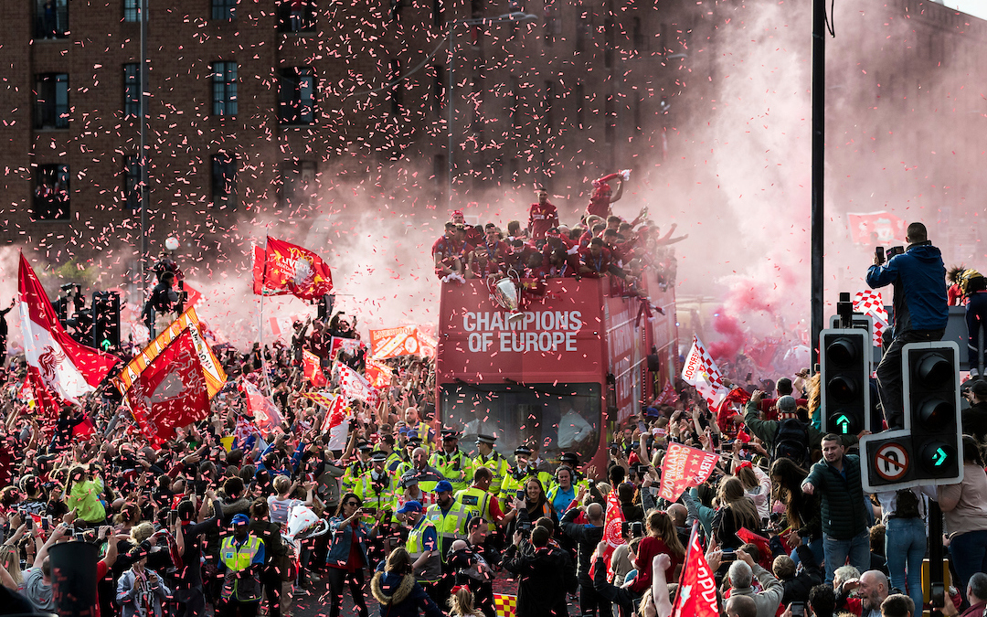 LIVERPOOL, ENGLAND - Sunday, June 2, 2019: Liverpool’s captain Jordan Henderson holds the Champions League Trophy during an open-top bus parade through the city after winning the UEFA Champions League Final. Liverpool beat Tottenham Hotspur. 2-0 in Madrid. To claim their sixth European Cup. (Pic by Paul Greenwood/Propaganda)