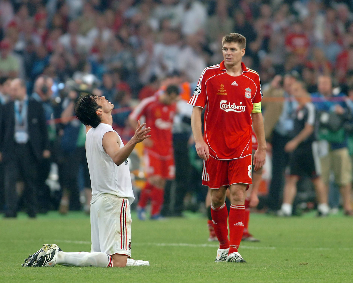 Athens, Greece - Wednesday, May 23, 2007: AC Milan's Kaka celebrates as Liverpool's Harry Kewell and Steven Gerrard look dejected afte the UEFA Champions League Final at the OACA Spyro Louis Olympic Stadium. (Pic by Jason Roberts/Propaganda)