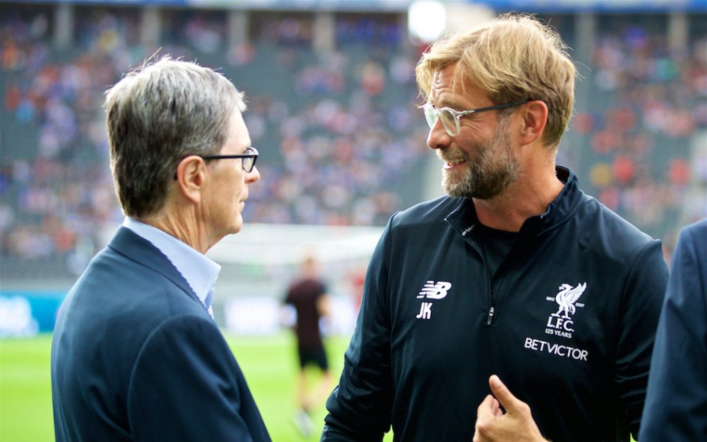 Liverpool's manager Jürgen Klopp chats with club owner John W. Henry