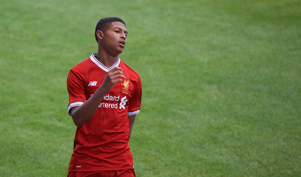 BIRKENHEAD, ENGLAND - Wednesday, September 13, 2017: Liverpool's Rhian Brewster shows a look of dejection during the UEFA Youth League Group E match between Liverpool and Sevilla at Prenton Park. (Pic by Paul Greenwood/Propaganda)