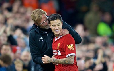 Liverpool's Philippe Coutinho Correia is embraced by manager Jürgen Klopp as he is substituted immediately after scoring the third goal during the FA Premier League match between Liverpool and Southampton at Anfield