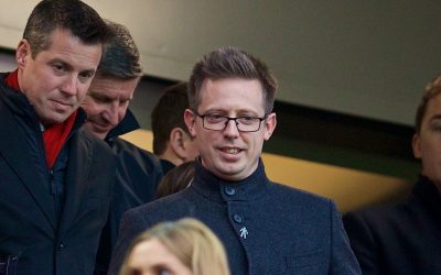 Liverpool's Director of Football Michael Edwards and Commercial Director Billy Hogan during the FA Premier League match between Liverpool and Leicester City at Anfield