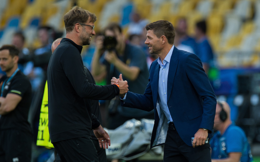 Liverpool’s manager Jurgen Klopp reacts with former players Steven Gerrard during a training session at the NSC Olimpiyskiy ahead of the UEFA Champions League Final match between Real Madrid CF and Liverpool FC