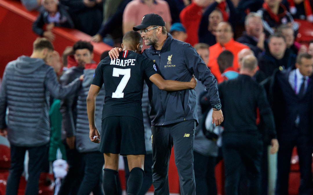 Liverpool's manager Jürgen Klopp and Paris Saint-Germain's Kylian Mbappé after during the UEFA Champions League Group C match between Liverpool FC and Paris Saint-Germain at Anfield.