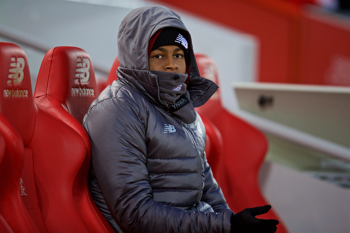 LIVERPOOL, ENGLAND - Sunday, December 16, 2018: Liverpool's Rhian Brewster during the FA Premier League match between Liverpool FC and Manchester United FC at Anfield. (Pic by David Rawcliffe/Propaganda)