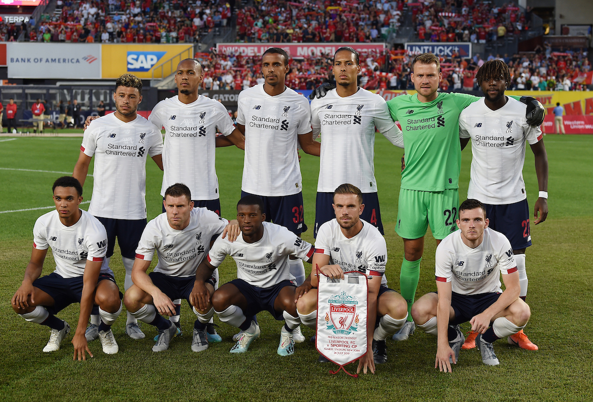 NEW YORK, NEW YORK, USA - Wednesday, July 24, 2019: Liverpool players line-up for a team group photograph before a friendly match between Liverpool FC and Sporting Clube de Portugal at the Yankee Stadium on day nine of the club's pre-season tour of America. Back row L-R: Alex Oxlade-Chamberlain, Fabio Henrique Tavares 'Fabinho', Joel Matip, Virgil van Dijk, goalkeeper Simon Mignolet, Divock Origi. Front row L-R: Trent Alexander-Arnold, James Milner, Georginio Wijnaldum, captain Jordan Henderson, Andy Robertson. (Pic by David Rawcliffe/Propaganda)