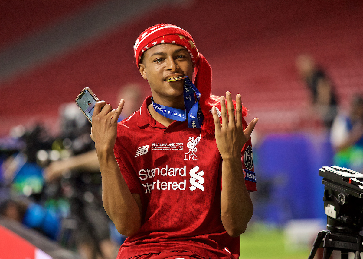 MADRID, SPAIN - SATURDAY, JUNE 1, 2019: Liverpool's Rhian Brewster bites his winners' medal after the UEFA Champions League Final match between Tottenham Hotspur FC and Liverpool FC at the Estadio Metropolitano. Liverpool won 2-0 tp win their sixth European Cup. (Pic by David Rawcliffe/Propaganda)