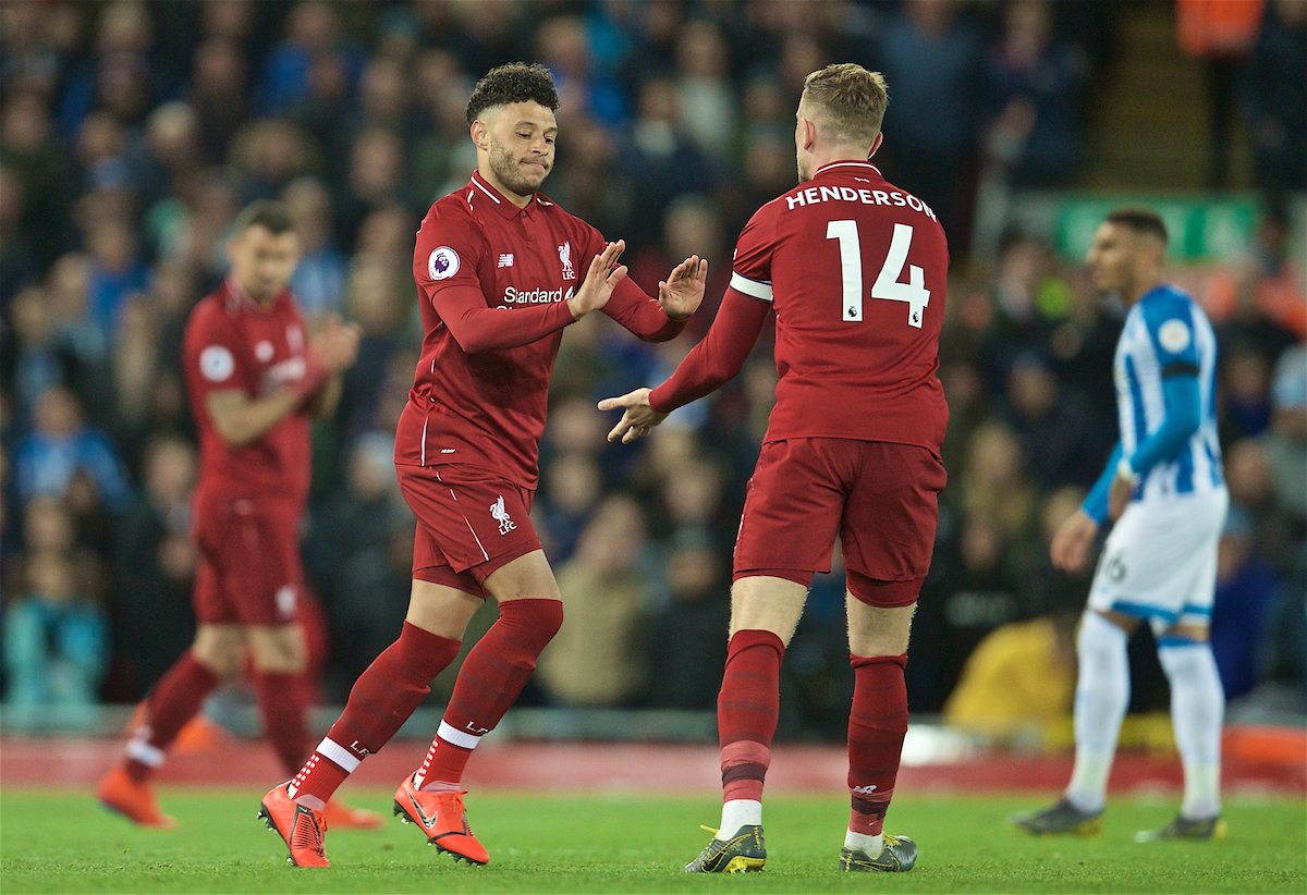 LIVERPOOL, ENGLAND - Friday, April 26, 2019: Liverpool's Alex Oxlade-Chamberlain comes on after a year out injured during the FA Premier League match between Liverpool FC and Huddersfield Town AFC at Anfield. (Pic by David Rawcliffe/Propaganda)