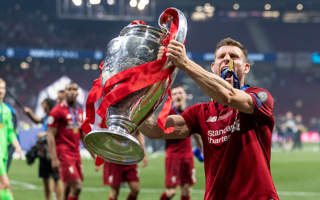 MADRID, SPAIN - SATURDAY, JUNE 1, 2019: Liverpool's James Milner celebrates with the European Cup after a 2-0 victory in the UEFA Champions League Final match between Tottenham Hotspur FC and Liverpool FC at the Estadio Metropolitano. (Pic by Paul Greenwood/Propaganda)