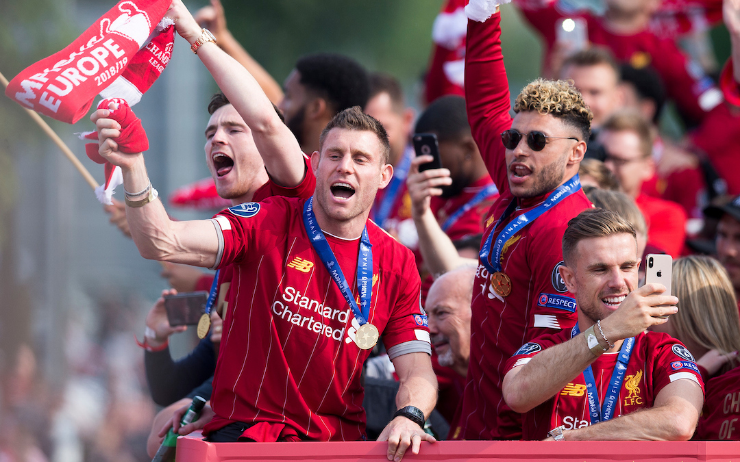 LIVERPOOL, ENGLAND - Sunday, June 2, 2019: Liverpool’s James Milner, Alex Oxlade Chamberlain and captain Jordan Henderson during an open-top bus parade through the city after winning the UEFA Champions League Final. Liverpool beat Tottenham Hotspur. 2-0 in Madrid. To claim their sixth European Cup. (Pic by Paul Greenwood/Propaganda)