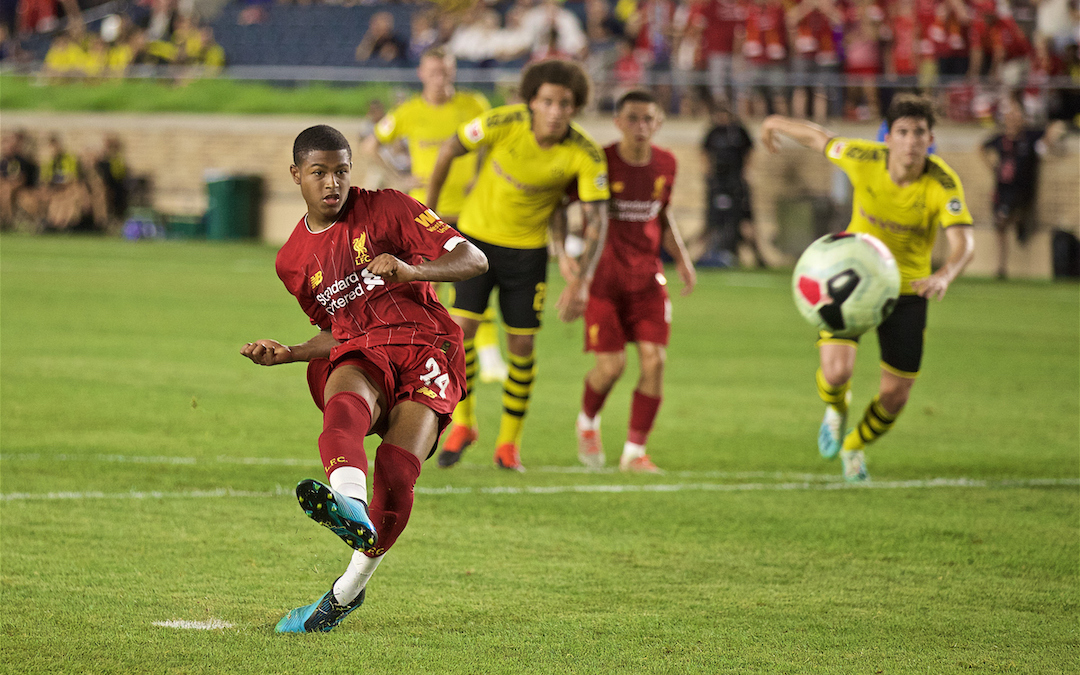 SOUTH BEND, INDIANA, USA - Friday, July 19, 2019: Liverpool's Rhian Brewster scores the second goal from a penalty kick during a friendly match between Liverpool FC and Borussia Dortmund at the Notre Dame Stadium on day four of the club's pre-season tour of America. (Pic by David Rawcliffe/Propaganda)