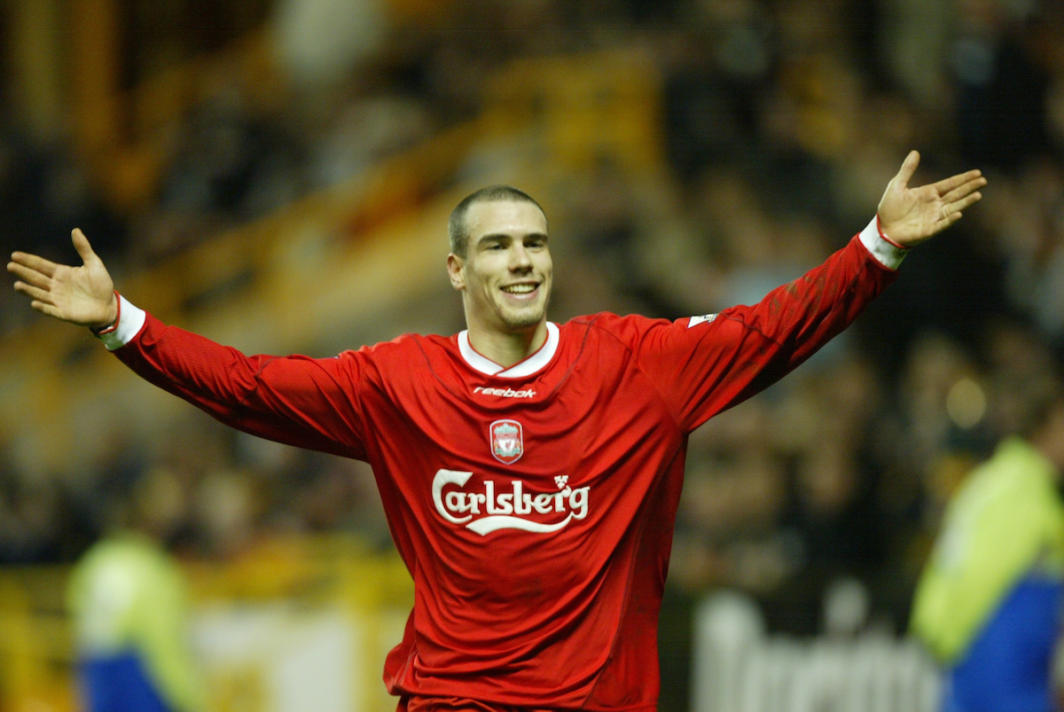 WOLVERHAMPTON, ENGLAND - Wednesday, January 21st, 2004: Liverpool's Bruno Cheyrou celebrates scoring the first goal against Wolverhampton Wanderers during the Premiership match at Molineux. (Pic by David Rawcliffe/Propaganda)