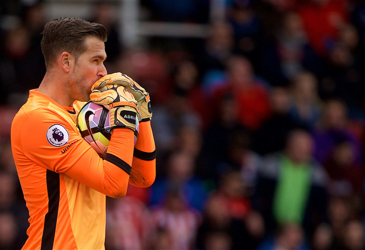 STOKE-ON-TRENT, ENGLAND - Saturday, April 29, 2017: West Ham United's goalkeeper Adrian San Miguel del Castillo in action against Stoke City during the FA Premier League match at the Bet365 Stadium. (Pic by David Rawcliffe/Propaganda)