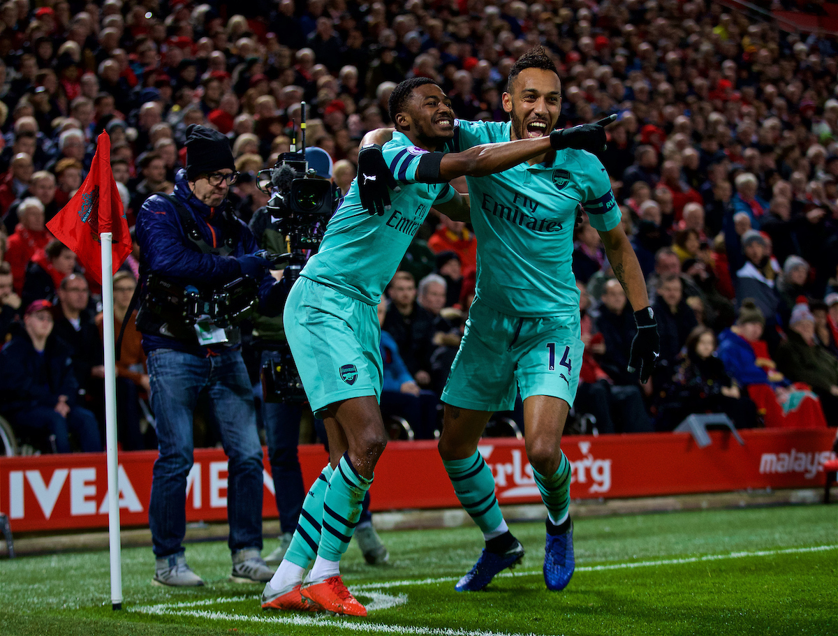 LIVERPOOL, ENGLAND - Saturday, December 29, 2018: Arsenal's Ainsley Maitland-Niles (L) celebrates scoring the first goal with team-mate Pierre-Emerick Aubameyang during the FA Premier League match between Liverpool FC and Arsenal FC at Anfield. (Pic by David Rawcliffe/Propaganda)