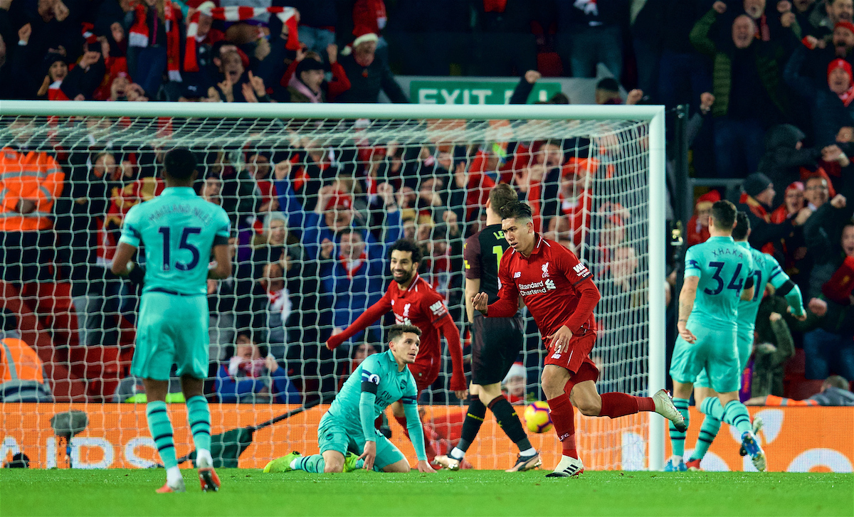 LIVERPOOL, ENGLAND - Saturday, December 29, 2018: Liverpool's Roberto Firmino celebrates scoring the second goal during the FA Premier League match between Liverpool FC and Arsenal FC at Anfield. (Pic by David Rawcliffe/Propaganda)