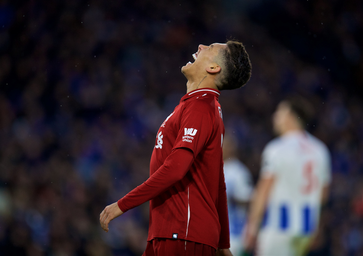 BRIGHTON AND HOVE, ENGLAND - Saturday, January 12, 2019: Liverpool's Roberto Firmino looks dejected after missing a chance during the FA Premier League match between Brighton & Hove Albion FC and Liverpool FC at the American Express Community Stadium. (Pic by David Rawcliffe/Propaganda)