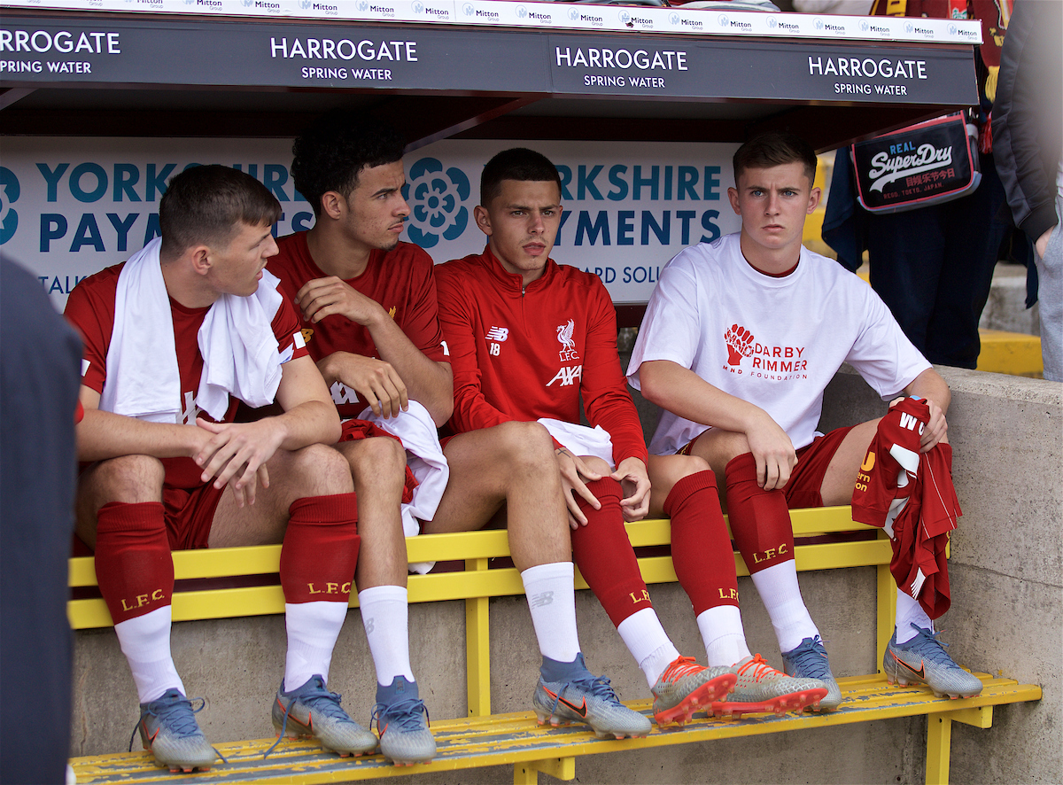BRADFORD, ENGLAND - Saturday, July 13, 2019: Liverpool substitutes Bobby Duncan, Curtis Jones, Adam Lewis and Ben Woodburn on the bench before a pre-season friendly match between Bradford City AFC and Liverpool FC at Valley Parade. (Pic by David Rawcliffe/Propaganda)