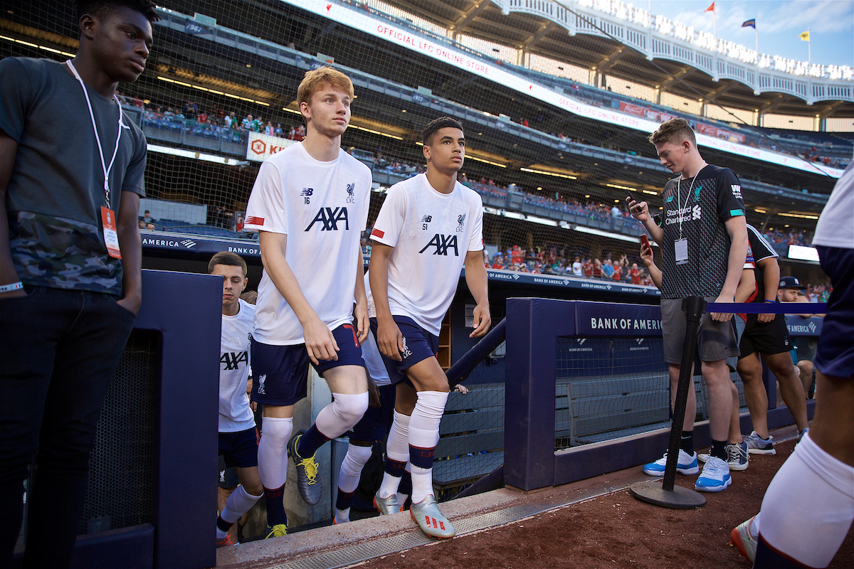 NEW YORK, NEW YORK, USA - Wednesday, July 24, 2019: Liverpool's Sepp van den Berg and Ki-Jana Hoever before a friendly match between Liverpool FC and Sporting Clube de Portugal at the Yankee Stadium on day nine of the club's pre-season tour of America. (Pic by David Rawcliffe/Propaganda)