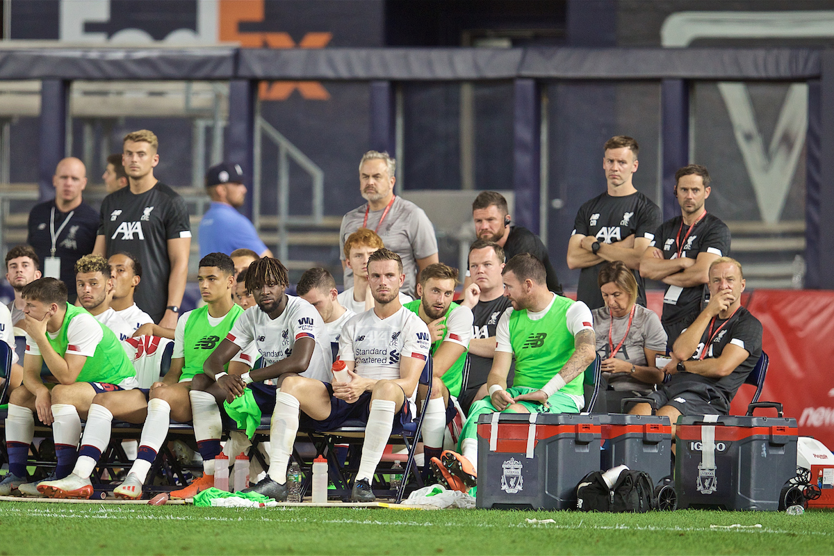 NEW YORK, NEW YORK, USA - Wednesday, July 24, 2019: Liverpool's Divock Origi and captain Jordan Henderson on the bench during a friendly match between Liverpool FC and Sporting Clube de Portugal at the Yankee Stadium on day nine of the club's pre-season tour of America. (Pic by David Rawcliffe/Propaganda)