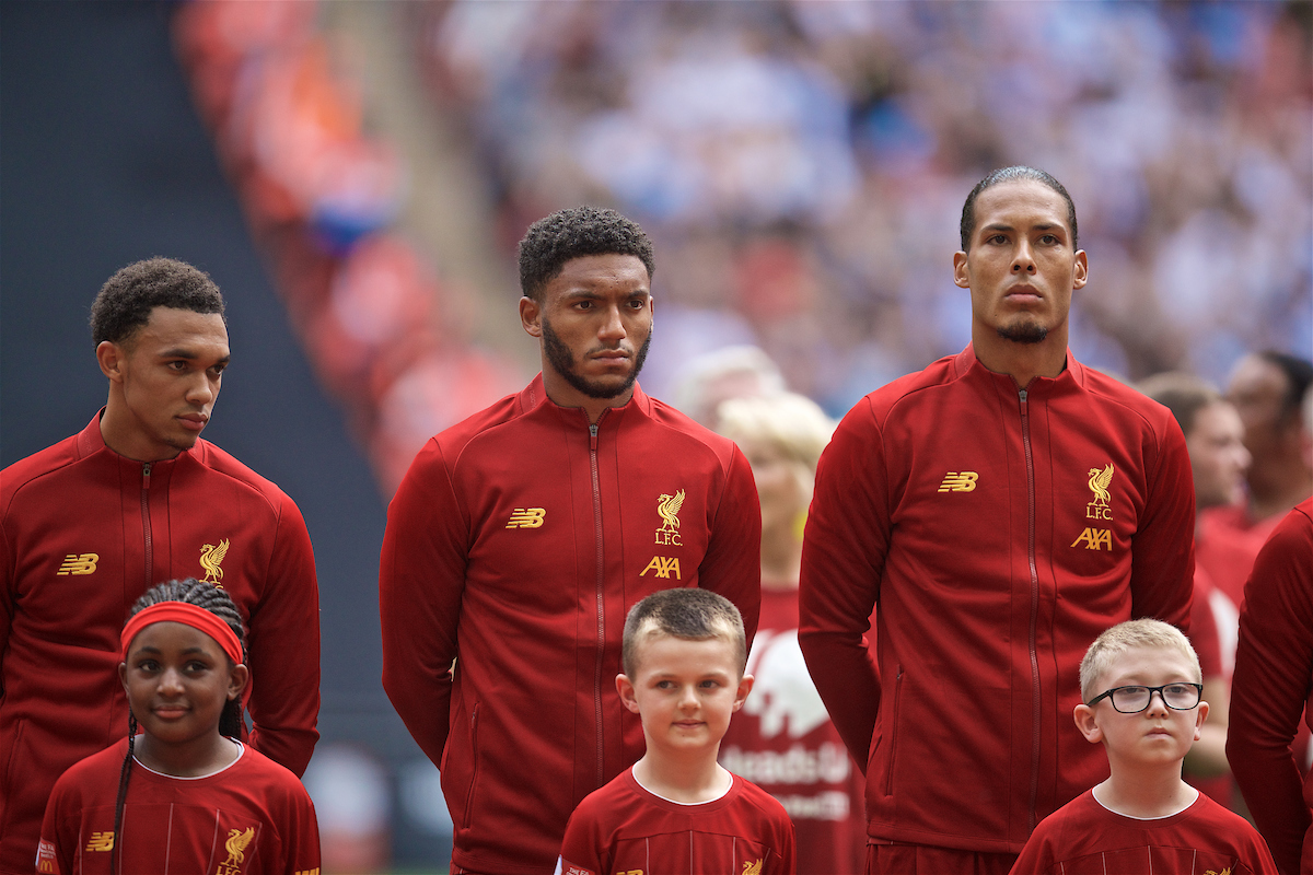LONDON, ENGLAND - Sunday, August 4, 2019: Liverpool's Trent Alexander-Arnold, Joe Gomez and Virgil van Dijk before the FA Community Shield match between Manchester City FC and Liverpool FC at Wembley Stadium. (Pic by David Rawcliffe/Propaganda)