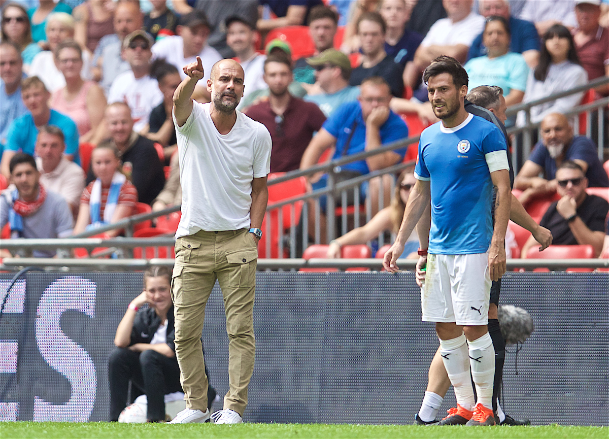 LONDON, ENGLAND - Sunday, August 4, 2019: Manchester City's manager Pep Guardiola reacts during the FA Community Shield match between Manchester City FC and Liverpool FC at Wembley Stadium. (Pic by David Rawcliffe/Propaganda)