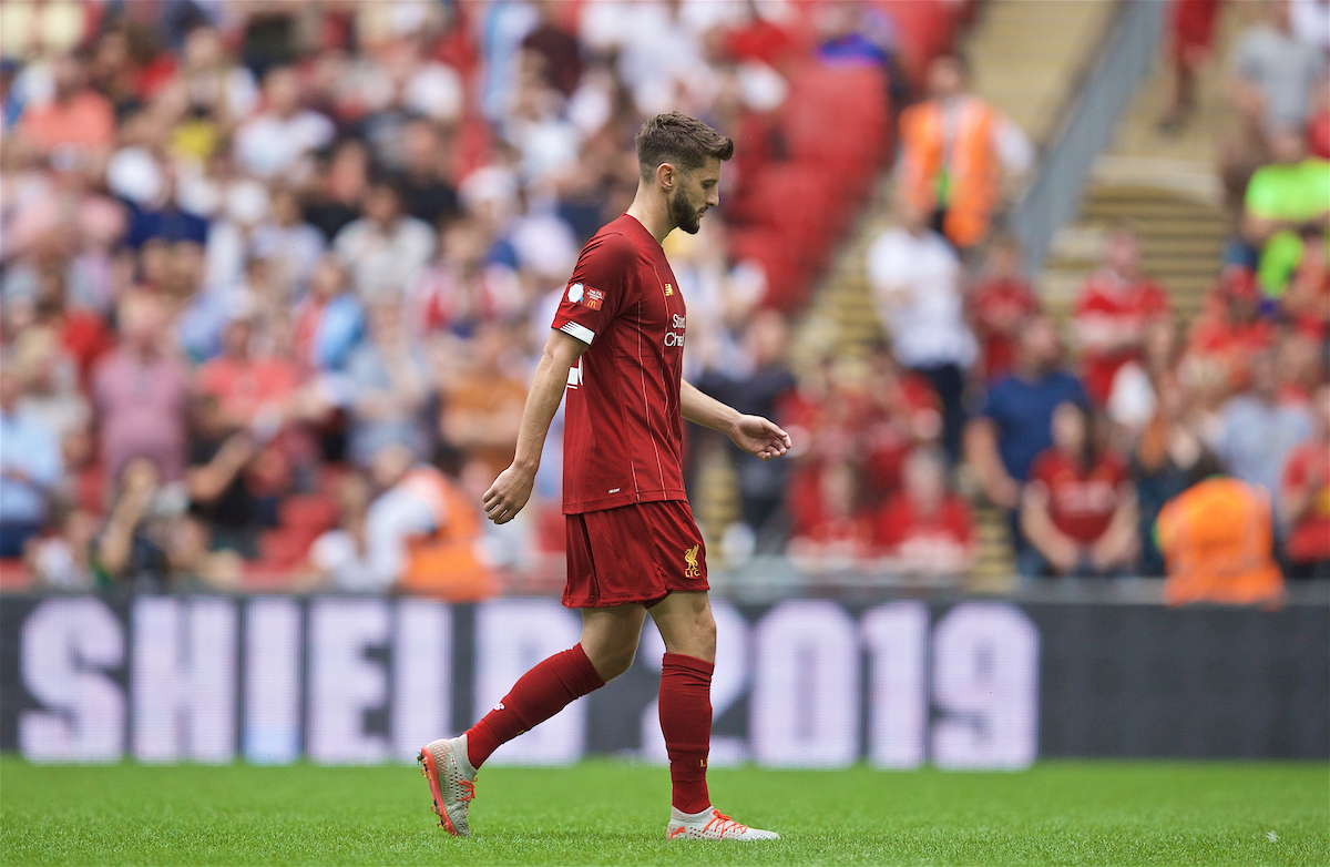 LONDON, ENGLAND - Sunday, August 4, 2019: Liverpool's Adam Lallana walks to take his side's third penalty kick during the FA Community Shield match between Manchester City FC and Liverpool FC at Wembley Stadium. Manchester City won 5-4 on penalties after a 1-1 draw. (Pic by David Rawcliffe/Propaganda)