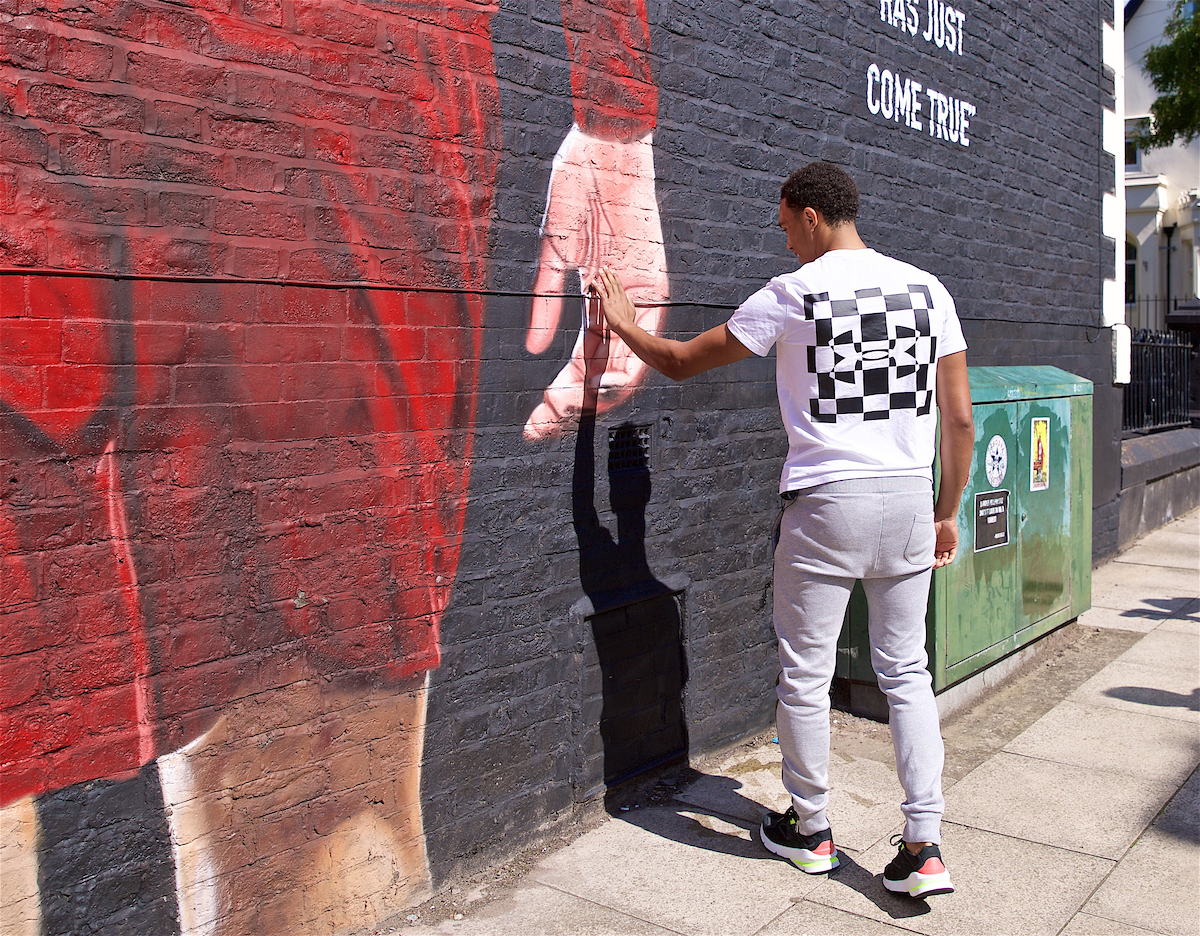 LIVERPOOL, ENGLAND - Thursday, August 8, 2019: Liverpool's Trent Alexander-Arnold reacts as he gets his first look at the mural of him on the side of a building in Sybil Road, Anfield. The mural was commissioned by The Anfield Wrap and painted by local artist Akse P19. (Pic by David Rawcliffe/Propaganda)