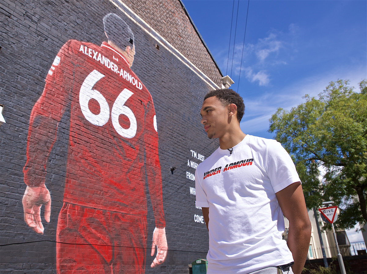 LIVERPOOL, ENGLAND - Thursday, August 8, 2019: Liverpool's Trent Alexander-Arnold poses for photograph with a mural of himself on the side of a building in Sybil Road, Anfield. The mural was commissioned by The Anfield Wrap and painted by local artist Akse P19. (Pic by David Rawcliffe/Propaganda)